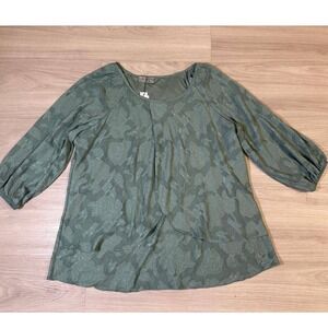 Liz Claiborne Studio Women Green Floral Jacquard Draped Front 3/4 Sleeve Blouse